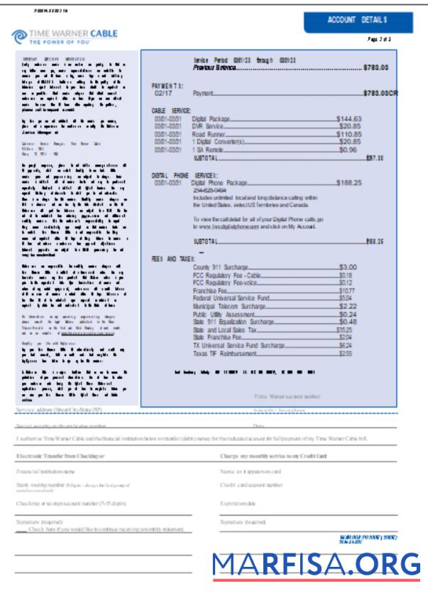 Blank Time Warner Cabel utility business bill, page 2, SCR template